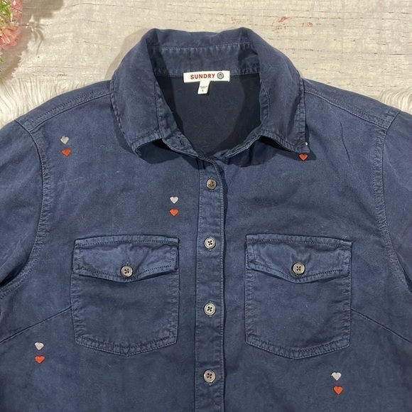Sundry Hearts Embroidered Button Down Shirt in Sunfaded Navy - Picture 9 of 10